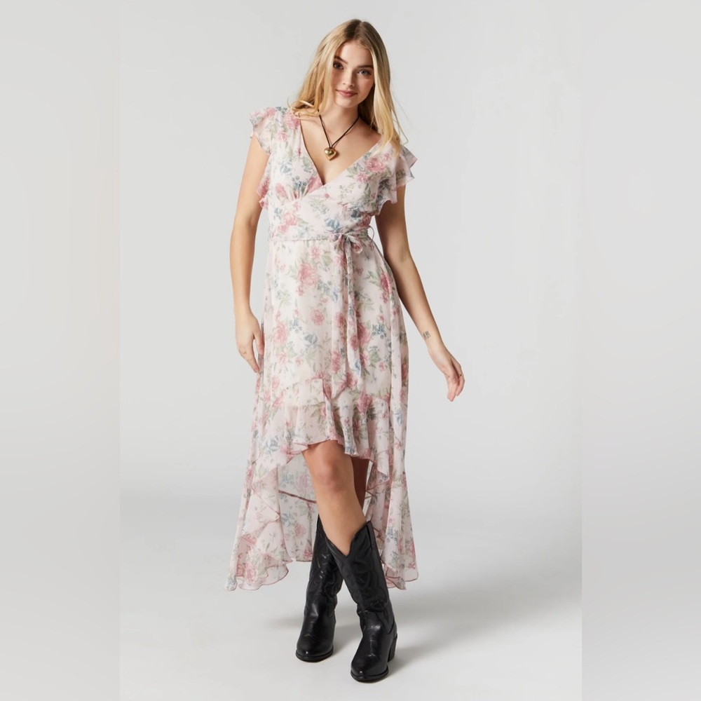 White Floral Print Self Tie High-Low Midi Dress. - Picture 2 of 3